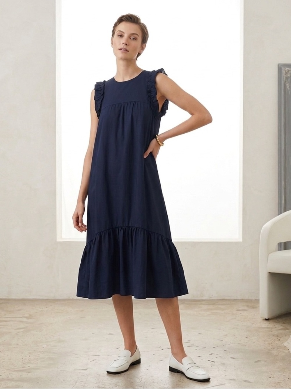 Amber Sakai Babydoll Navy‎ Blue Sleeveless Ruffle Trim Tiered Mini Dress 4